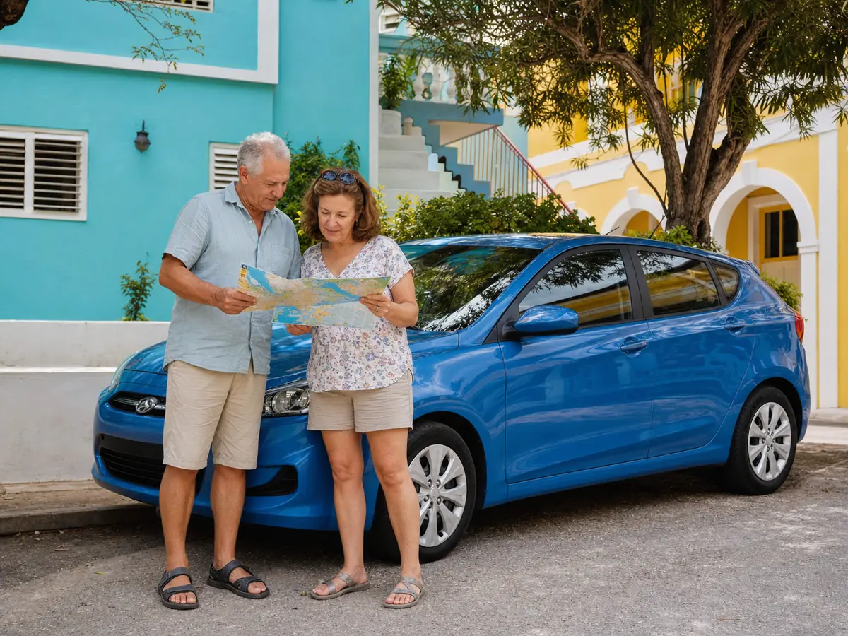 Sfeerbeeld van vakantiegangers met een routekaart bij een huurauto op Cura&ccedil;ao